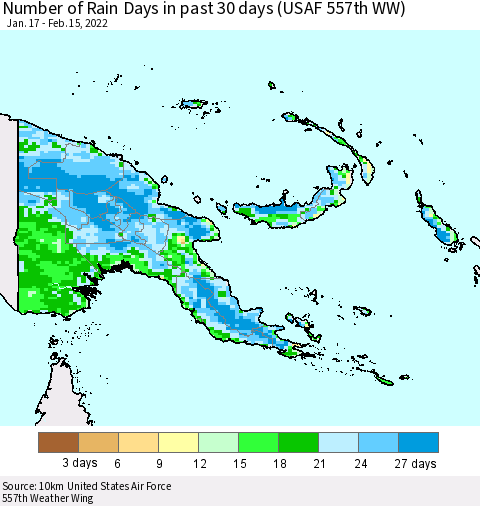 Papua New Guinea Number of Rain Days in past 30 days (USAF 557th WW) 02/15/2022 Thematic Map For 2/11/2022 - 2/15/2022