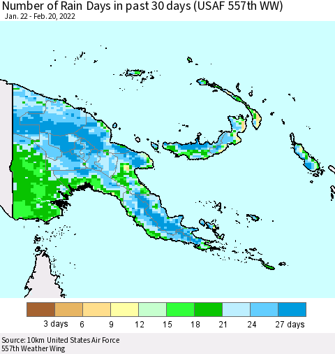 Papua New Guinea Number of Rain Days in past 30 days (USAF 557th WW) 02/20/2022 Thematic Map For 2/16/2022 - 2/20/2022