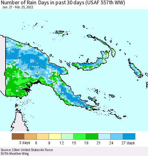 Papua New Guinea Number of Rain Days in past 30 days (USAF 557th WW) 02/25/2022 Thematic Map For 2/21/2022 - 2/25/2022