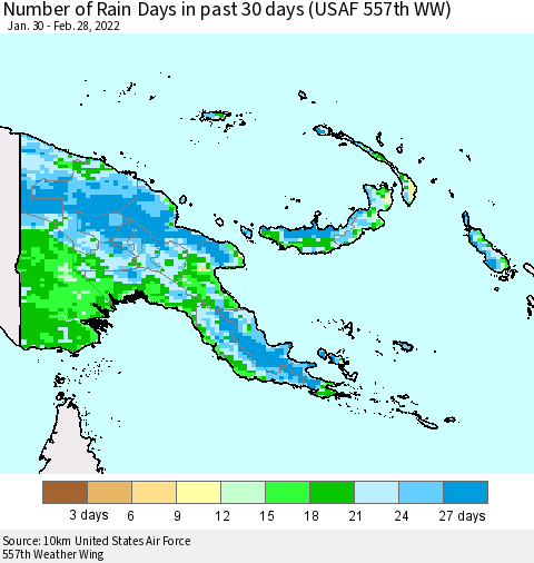 Papua New Guinea Number of Rain Days in past 30 days (USAF 557th WW) 02/28/2022 Thematic Map For 2/26/2022 - 2/28/2022