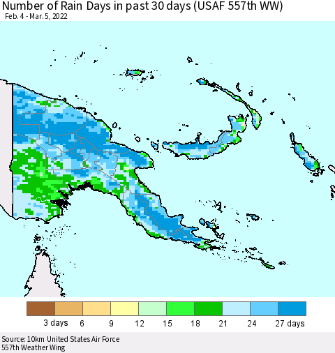 Papua New Guinea Number of Rain Days in past 30 days (USAF 557th WW) 03/05/2022 Thematic Map For 3/1/2022 - 3/5/2022
