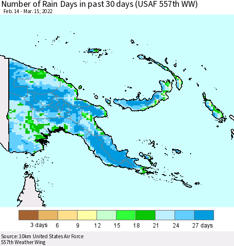Papua New Guinea Number of Rain Days in past 30 days (USAF 557th WW) 03/15/2022 Thematic Map For 3/11/2022 - 3/15/2022