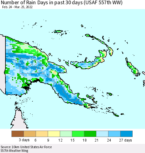 Papua New Guinea Number of Rain Days in past 30 days (USAF 557th WW) 03/25/2022 Thematic Map For 3/21/2022 - 3/25/2022