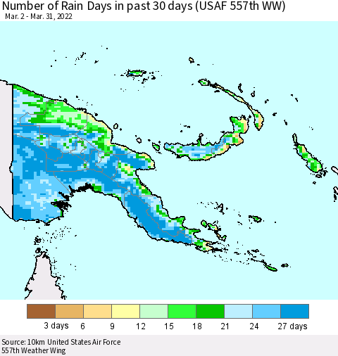 Papua New Guinea Number of Rain Days in past 30 days (USAF 557th WW) 03/31/2022 Thematic Map For 3/26/2022 - 3/31/2022