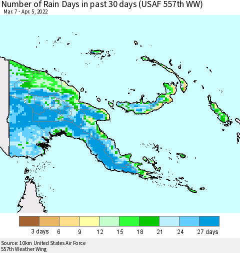 Papua New Guinea Number of Rain Days in past 30 days (USAF 557th WW) 04/05/2022 Thematic Map For 4/1/2022 - 4/5/2022