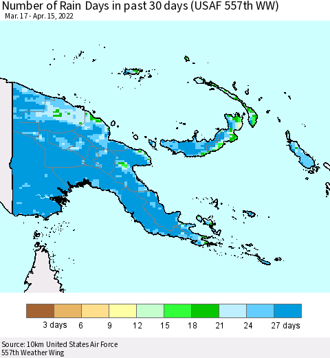 Papua New Guinea Number of Rain Days in past 30 days (USAF 557th WW) 04/15/2022 Thematic Map For 4/11/2022 - 4/15/2022