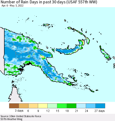 Papua New Guinea Number of Rain Days in past 30 days (USAF 557th WW) 05/05/2022 Thematic Map For 5/1/2022 - 5/5/2022