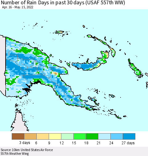 Papua New Guinea Number of Rain Days in past 30 days (USAF 557th WW) 05/15/2022 Thematic Map For 5/11/2022 - 5/15/2022