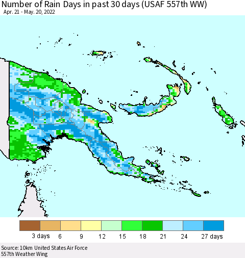 Papua New Guinea Number of Rain Days in past 30 days (USAF 557th WW) 05/20/2022 Thematic Map For 5/16/2022 - 5/20/2022