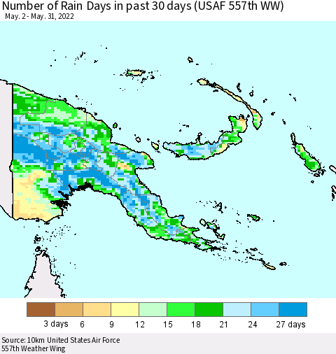 Papua New Guinea Number of Rain Days in past 30 days (USAF 557th WW) 05/31/2022 Thematic Map For 5/26/2022 - 5/31/2022