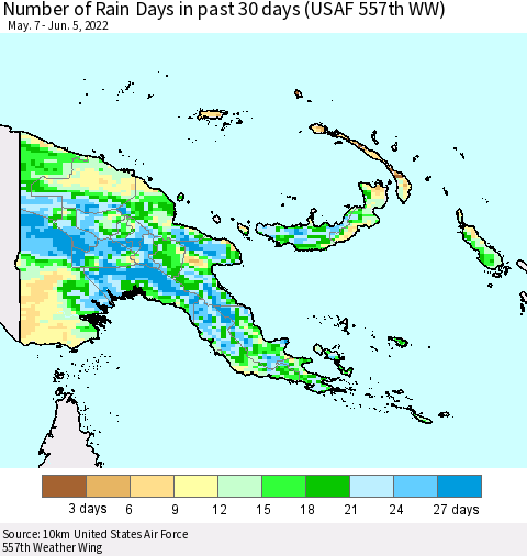 Papua New Guinea Number of Rain Days in past 30 days (USAF 557th WW) 06/05/2022 Thematic Map For 6/1/2022 - 6/5/2022