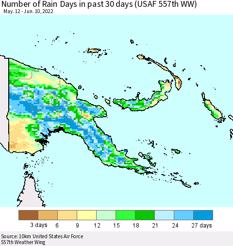 Papua New Guinea Number of Rain Days in past 30 days (USAF 557th WW) 06/10/2022 Thematic Map For 6/6/2022 - 6/10/2022