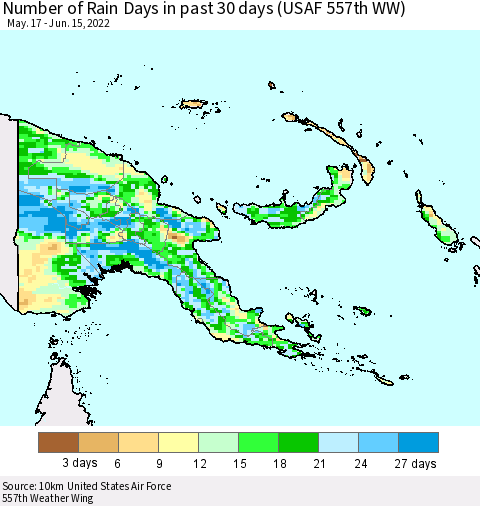 Papua New Guinea Number of Rain Days in past 30 days (USAF 557th WW) 06/15/2022 Thematic Map For 6/11/2022 - 6/15/2022