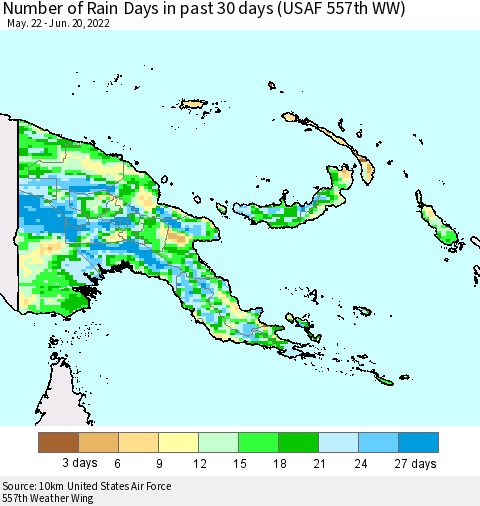 Papua New Guinea Number of Rain Days in past 30 days (USAF 557th WW) 06/20/2022 Thematic Map For 6/16/2022 - 6/20/2022