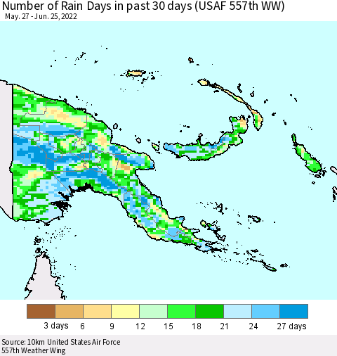 Papua New Guinea Number of Rain Days in past 30 days (USAF 557th WW) 06/25/2022 Thematic Map For 6/21/2022 - 6/25/2022