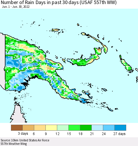 Papua New Guinea Number of Rain Days in past 30 days (USAF 557th WW) 06/30/2022 Thematic Map For 6/26/2022 - 6/30/2022