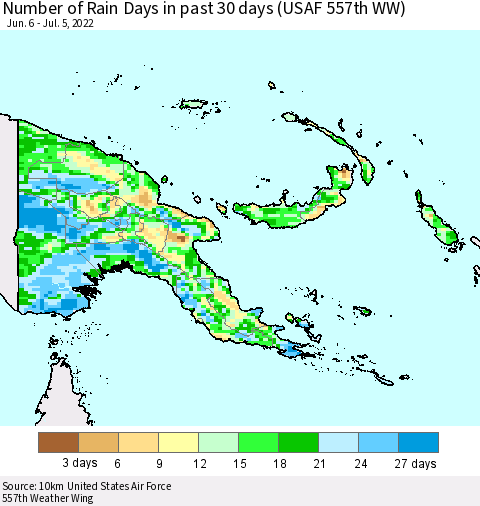 Papua New Guinea Number of Rain Days in past 30 days (USAF 557th WW) 07/05/2022 Thematic Map For 7/1/2022 - 7/5/2022