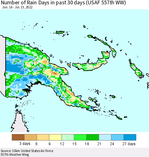 Papua New Guinea Number of Rain Days in past 30 days (USAF 557th WW) 07/15/2022 Thematic Map For 7/11/2022 - 7/15/2022