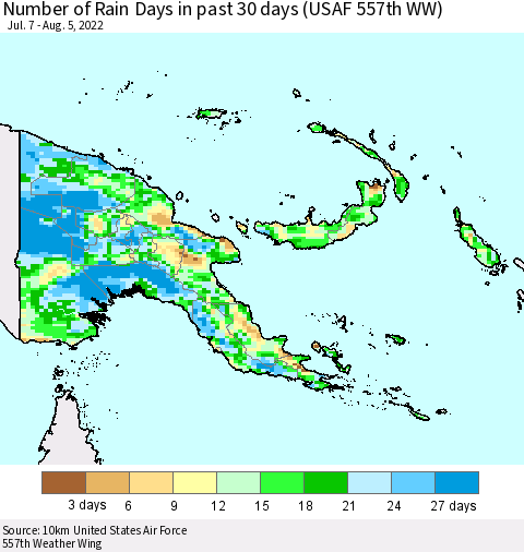 Papua New Guinea Number of Rain Days in past 30 days (USAF 557th WW) 08/05/2022 Thematic Map For 8/1/2022 - 8/5/2022