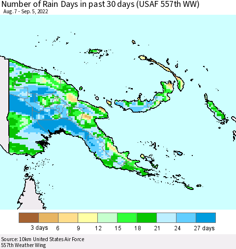 Papua New Guinea Number of Rain Days in past 30 days (USAF 557th WW) 09/05/2022 Thematic Map For 9/1/2022 - 9/5/2022