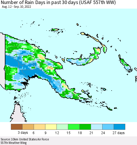 Papua New Guinea Number of Rain Days in past 30 days (USAF 557th WW) 09/10/2022 Thematic Map For 9/6/2022 - 9/10/2022