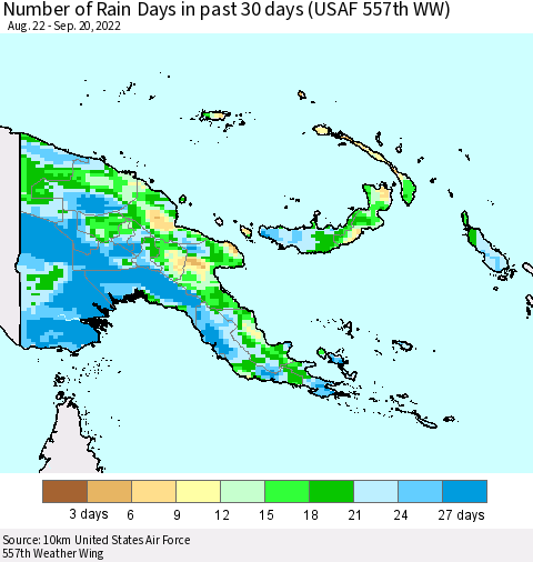 Papua New Guinea Number of Rain Days in past 30 days (USAF 557th WW) 09/20/2022 Thematic Map For 9/16/2022 - 9/20/2022