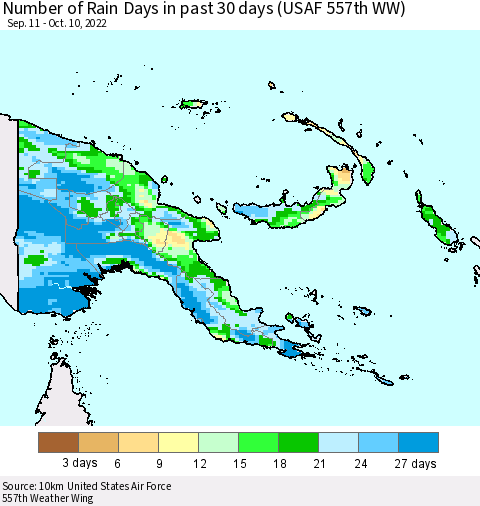 Papua New Guinea Number of Rain Days in past 30 days (USAF 557th WW) 10/10/2022 Thematic Map For 10/6/2022 - 10/10/2022