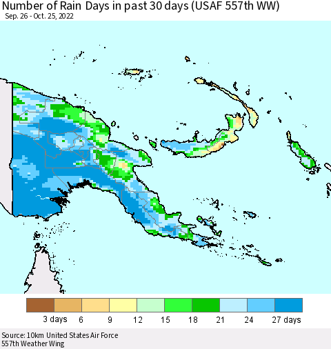 Papua New Guinea Number of Rain Days in past 30 days (USAF 557th WW) 10/25/2022 Thematic Map For 10/21/2022 - 10/25/2022
