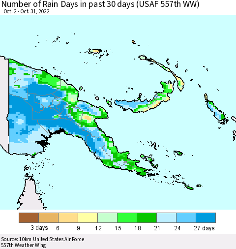 Papua New Guinea Number of Rain Days in past 30 days (USAF 557th WW) 10/31/2022 Thematic Map For 10/26/2022 - 10/31/2022