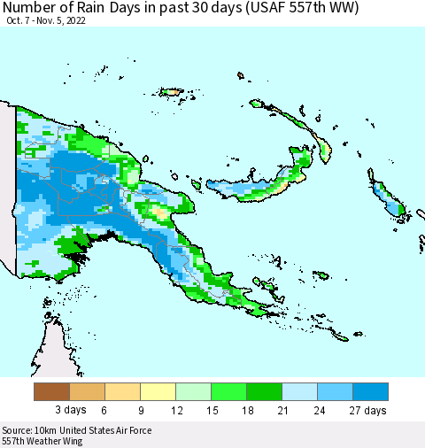 Papua New Guinea Number of Rain Days in past 30 days (USAF 557th WW) 11/05/2022 Thematic Map For 11/1/2022 - 11/5/2022