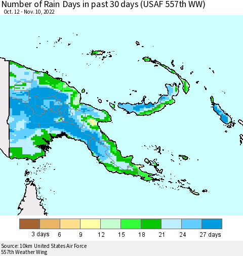 Papua New Guinea Number of Rain Days in past 30 days (USAF 557th WW) 11/10/2022 Thematic Map For 11/6/2022 - 11/10/2022