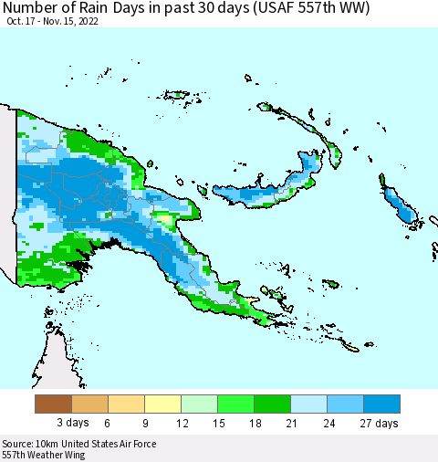 Papua New Guinea Number of Rain Days in past 30 days (USAF 557th WW) 11/15/2022 Thematic Map For 11/11/2022 - 11/15/2022
