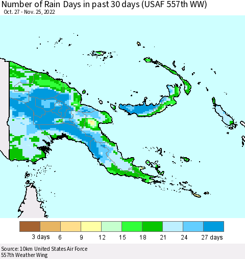 Papua New Guinea Number of Rain Days in past 30 days (USAF 557th WW) 11/25/2022 Thematic Map For 11/21/2022 - 11/25/2022