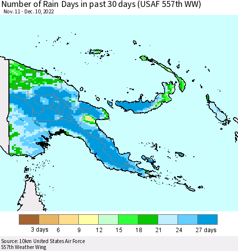 Papua New Guinea Number of Rain Days in past 30 days (USAF 557th WW) 12/10/2022 Thematic Map For 12/6/2022 - 12/10/2022