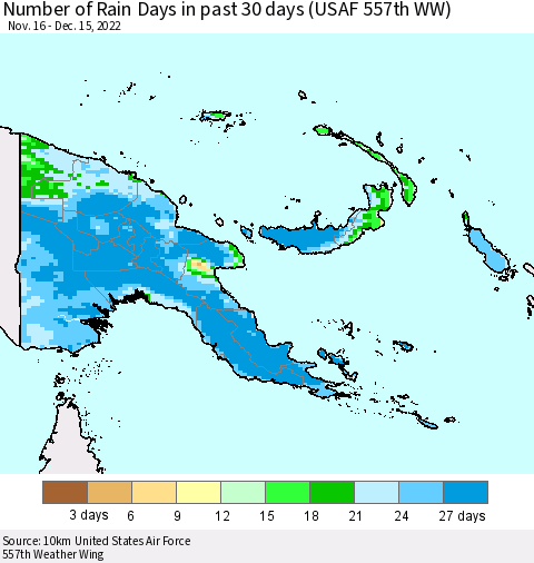Papua New Guinea Number of Rain Days in past 30 days (USAF 557th WW) 12/15/2022 Thematic Map For 12/11/2022 - 12/15/2022
