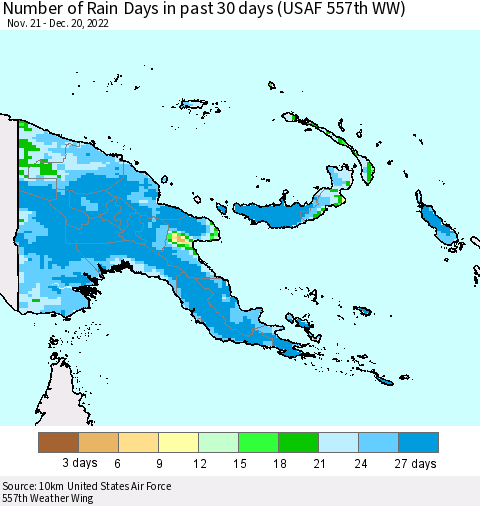 Papua New Guinea Number of Rain Days in past 30 days (USAF 557th WW) 12/20/2022 Thematic Map For 12/16/2022 - 12/20/2022