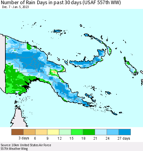 Papua New Guinea Number of Rain Days in past 30 days (USAF 557th WW) 01/05/2023 Thematic Map For 1/1/2023 - 1/5/2023
