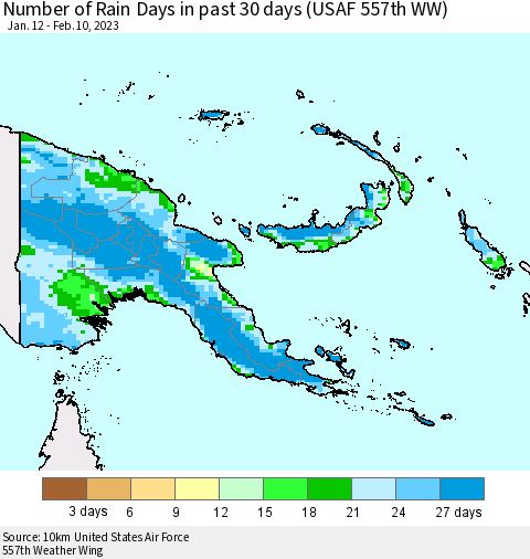 Papua New Guinea Number of Rain Days in past 30 days (USAF 557th WW) 02/10/2023 Thematic Map For 2/6/2023 - 2/10/2023