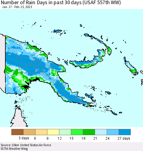 Papua New Guinea Number of Rain Days in past 30 days (USAF 557th WW) 02/15/2023 Thematic Map For 2/11/2023 - 2/15/2023