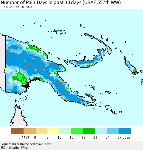 Papua New Guinea Number of Rain Days in past 30 days (USAF 557th WW) 02/20/2023 Thematic Map For 2/16/2023 - 2/20/2023
