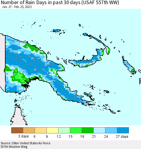 Papua New Guinea Number of Rain Days in past 30 days (USAF 557th WW) 02/25/2023 Thematic Map For 2/21/2023 - 2/25/2023