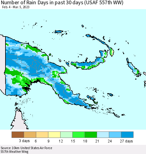 Papua New Guinea Number of Rain Days in past 30 days (USAF 557th WW) 03/05/2023 Thematic Map For 3/1/2023 - 3/5/2023