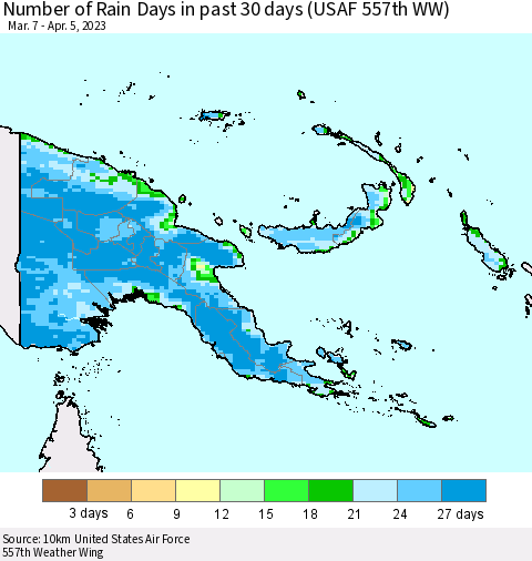 Papua New Guinea Number of Rain Days in past 30 days (USAF 557th WW) 04/05/2023 Thematic Map For 4/1/2023 - 4/5/2023