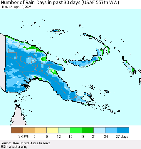 Papua New Guinea Number of Rain Days in past 30 days (USAF 557th WW) 04/10/2023 Thematic Map For 4/6/2023 - 4/10/2023