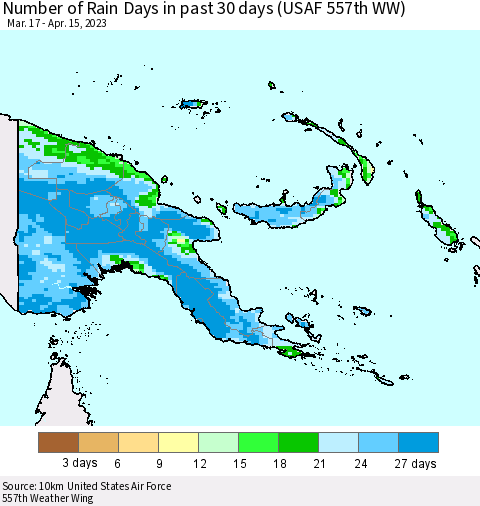 Papua New Guinea Number of Rain Days in past 30 days (USAF 557th WW) 04/15/2023 Thematic Map For 4/11/2023 - 4/15/2023