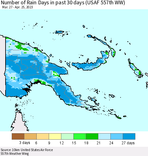 Papua New Guinea Number of Rain Days in past 30 days (USAF 557th WW) 04/25/2023 Thematic Map For 4/21/2023 - 4/25/2023