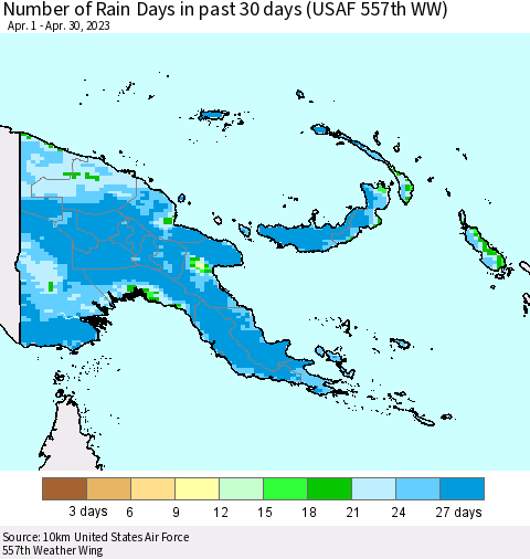 Papua New Guinea Number of Rain Days in past 30 days (USAF 557th WW) 04/30/2023 Thematic Map For 4/26/2023 - 4/30/2023