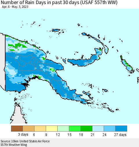 Papua New Guinea Number of Rain Days in past 30 days (USAF 557th WW) 05/05/2023 Thematic Map For 5/1/2023 - 5/5/2023