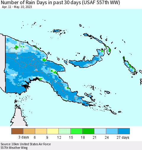 Papua New Guinea Number of Rain Days in past 30 days (USAF 557th WW) 05/10/2023 Thematic Map For 5/6/2023 - 5/10/2023