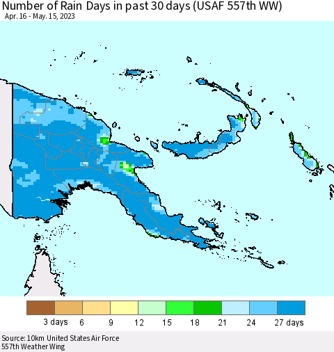 Papua New Guinea Number of Rain Days in past 30 days (USAF 557th WW) 05/15/2023 Thematic Map For 5/11/2023 - 5/15/2023